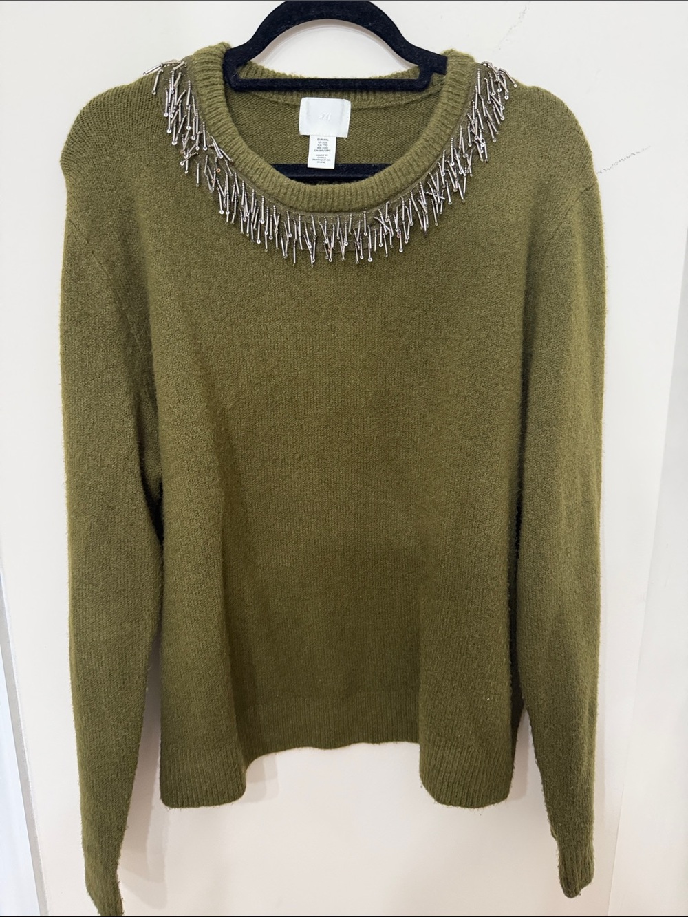 H&M Olive Green Crewneck Sweater with Silver Beaded Fringe